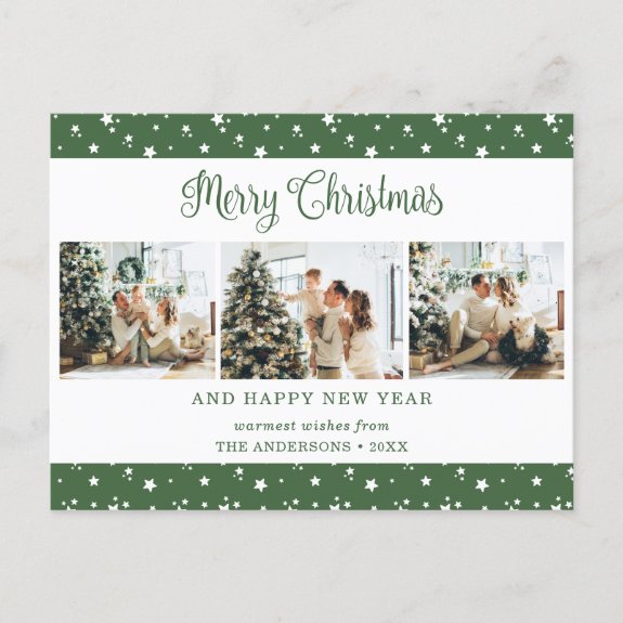 Green 3 Photo Stars Merry Christmas Postcards