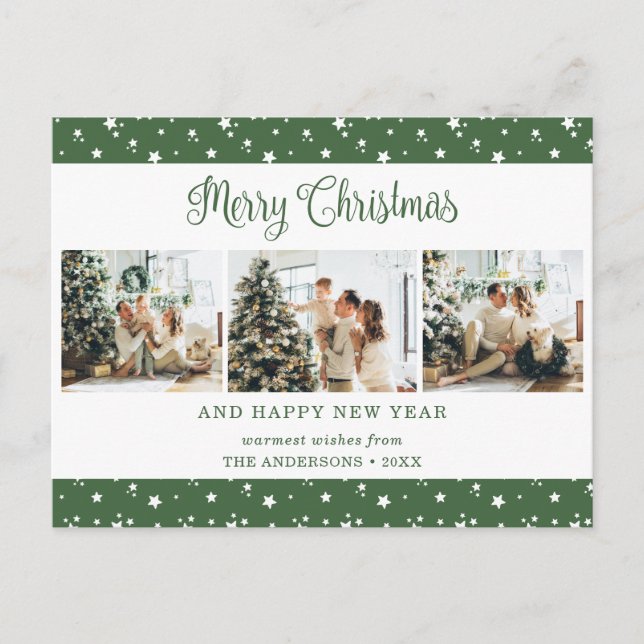 Green 3 Photo Stars Merry Christmas Postcards (Front)