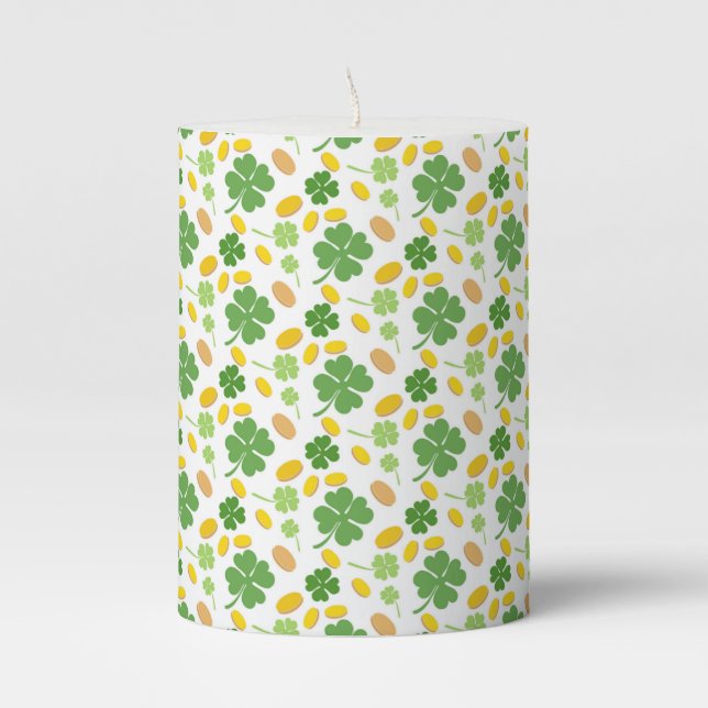 Green 4 Leaf Clovers St Patricks Day Coins Pillar Candle (Front)