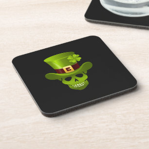 Green 4 Leaf Shamrock Skull And Green Hat Beverage Coaster
