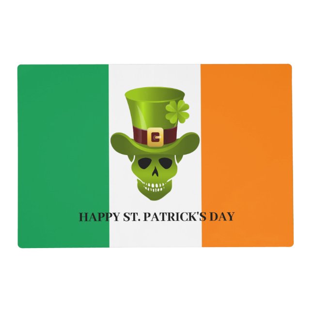 Green 4 Leaf Shamrock Skull Paper Placemat (Front)