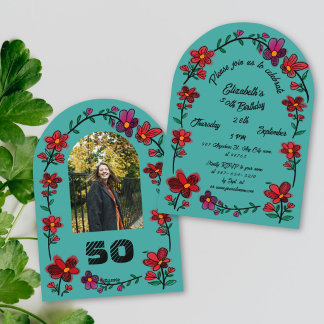 Green 50th Birthday Party Whimsical Doodle Flowers Invitation