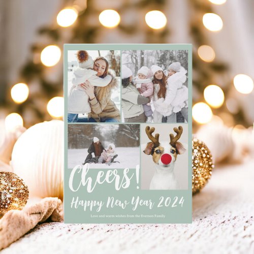 Green 5 photos cheers Happy new year 2024 Holiday Card