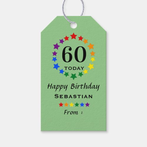 Green 60 Today or Any Age Birthday LGBTQ Rainbow Gift Tags