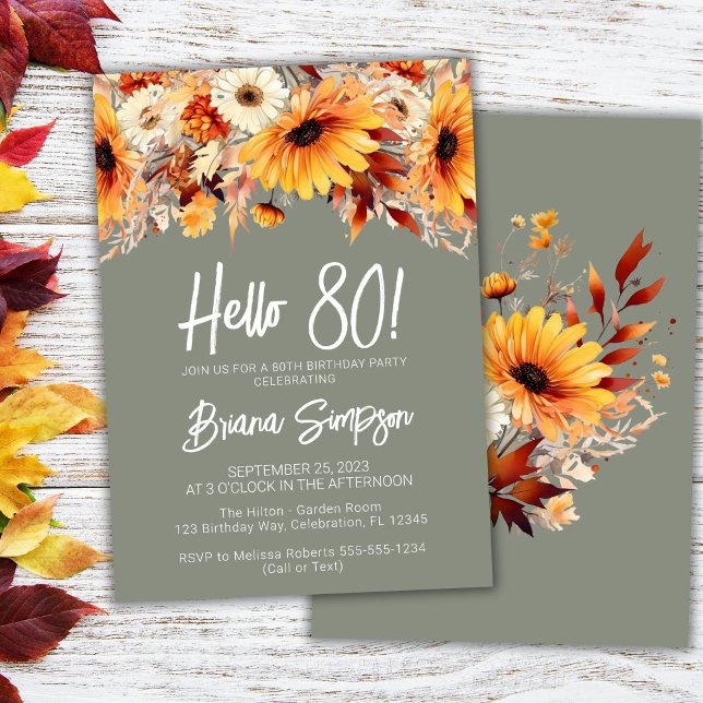 Green 80th Birthday Fall Floral  Invitation (Creator Uploaded)