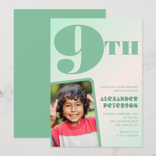 Green 9th birthday invitations Colorful Photo (Front/Back)