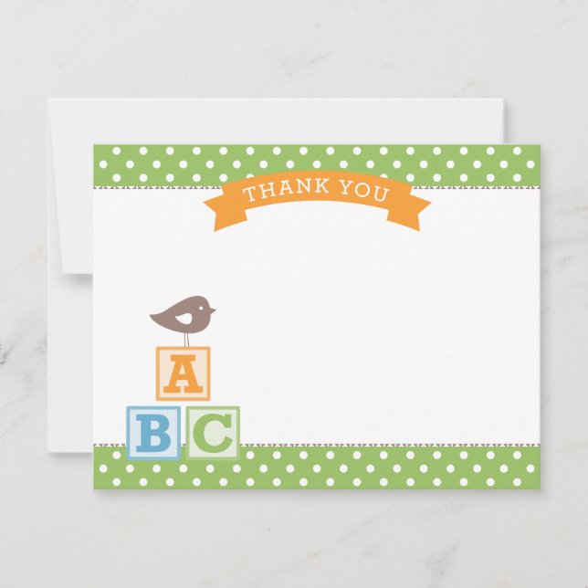 Green ABC Blocks Bird Baby Shower Thank You Card (Front)