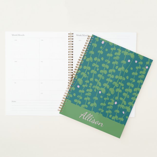 Green Abstract Floral Vines Pattern Personalized Planner (Display)