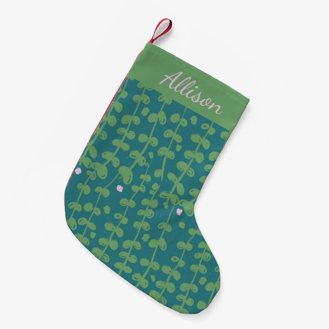 Green Abstract Floral Vines Pattern Personalized Small Christmas Stocking (Front (Hanging))