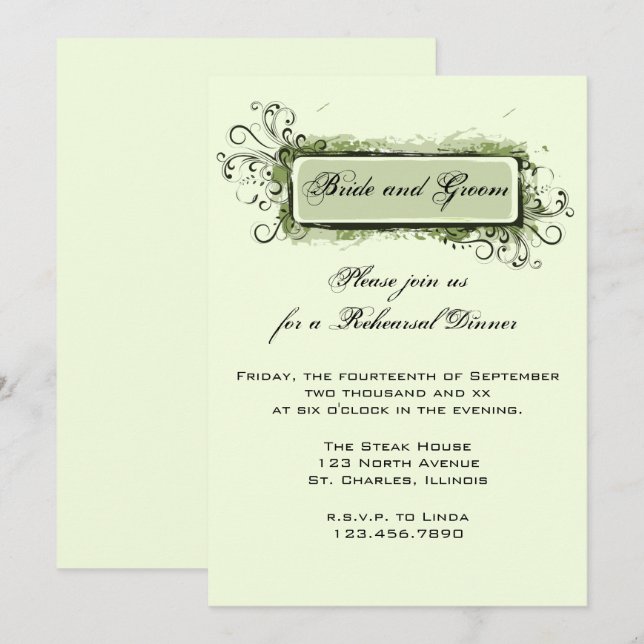 Green Abstract Floral Wedding Rehearsal Dinner Invitation (Front/Back)