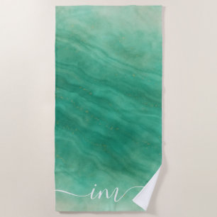 Green Abstract Marble with Custom Initials -  Beach Towel