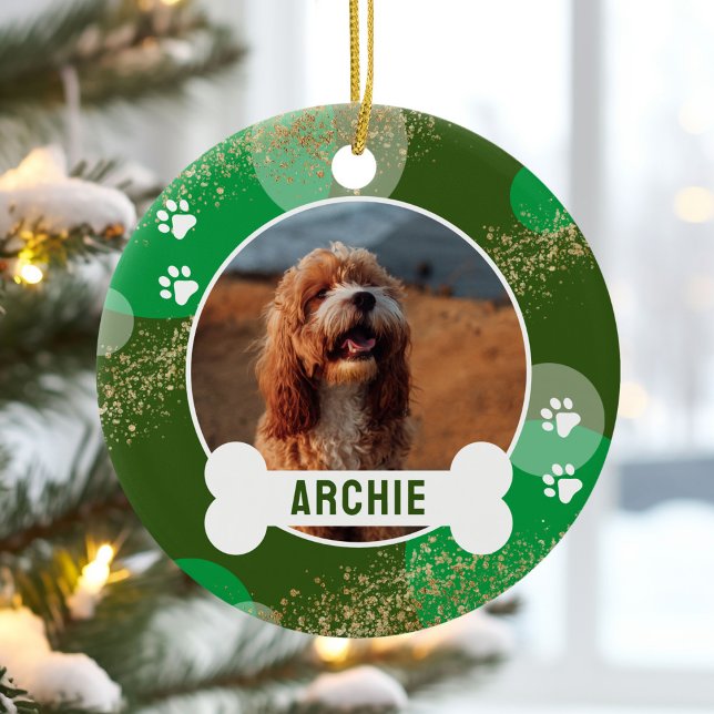 Green Abstract Paw Print Pet Photo Ceramic Ornament (Creator Uploaded)
