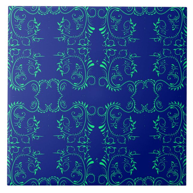 Green abstract vines blue pattern ceramic tile (Front)