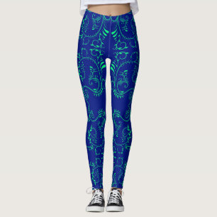 Green abstract vines blue pattern leggings