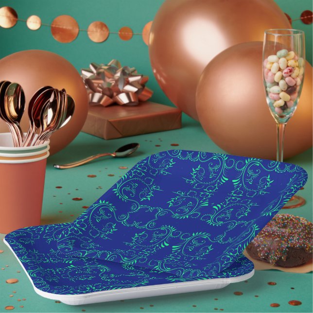 Green abstract vines blue pattern paper plates (Multi)