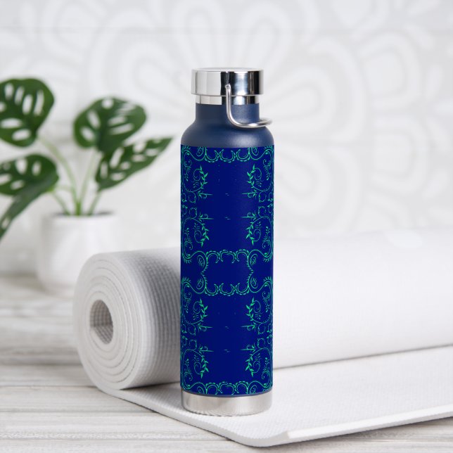 Green abstract vines blue pattern water bottle (Yoga)