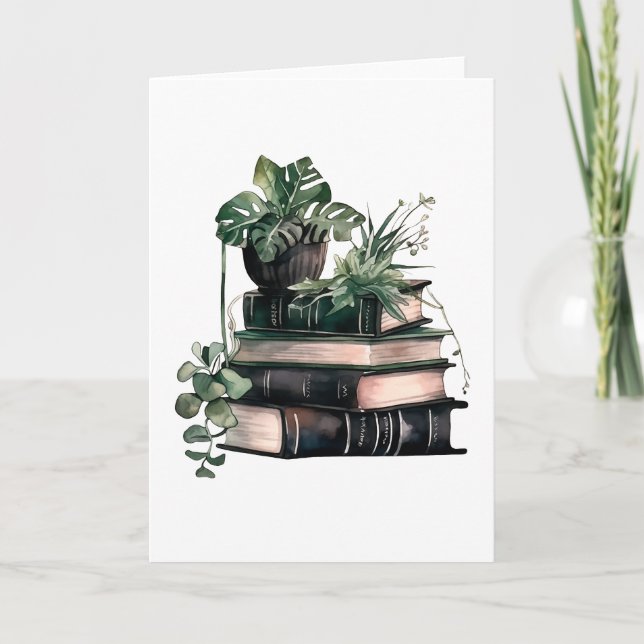 Green academia books and plants card (Front)