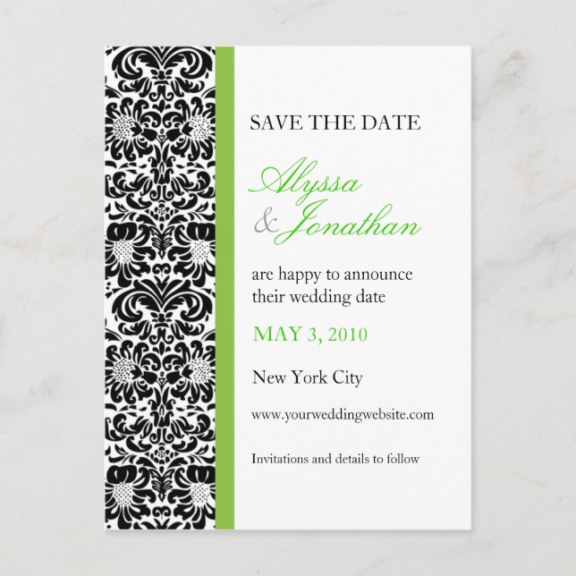Green Accent Damask Save the Date Card (Front)