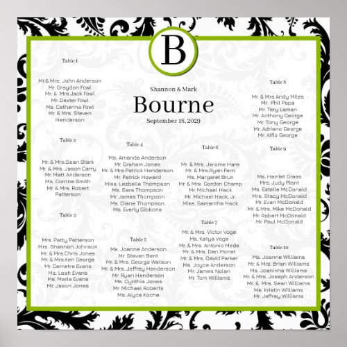 Green Accents Black and White Damask Seating Chart