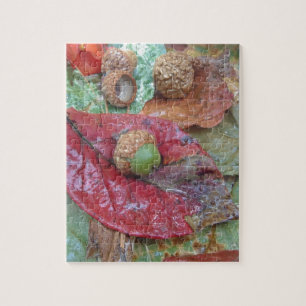 Green Acorn on a Red Fall Leaf Jigsaw Puzzle