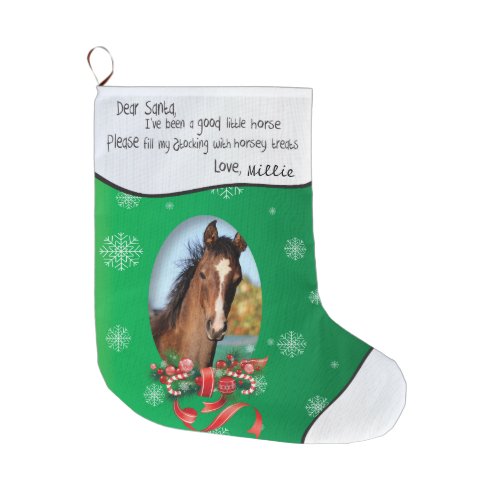 Green ADD YOUR HORSE Photo and Name Dear Santa Large Christmas Stocking