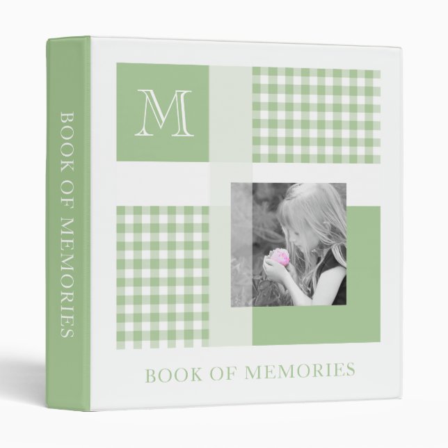 Green Add Your Photo Gingham Modern Monogram 3 Ring Binder (Front/Spine)