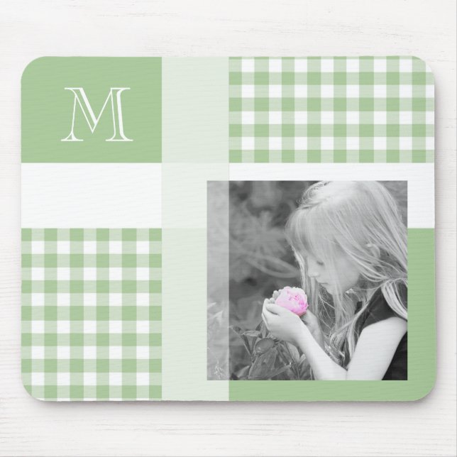 Green Add Your Photo Gingham Modern Monogram Mouse Pad (Front)