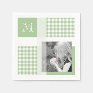 Green Add Your Photo Gingham Modern Monogram Napkins