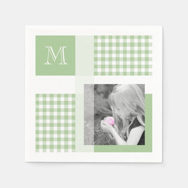 Green Add Your Photo Gingham Modern Monogram Napkins (Front)