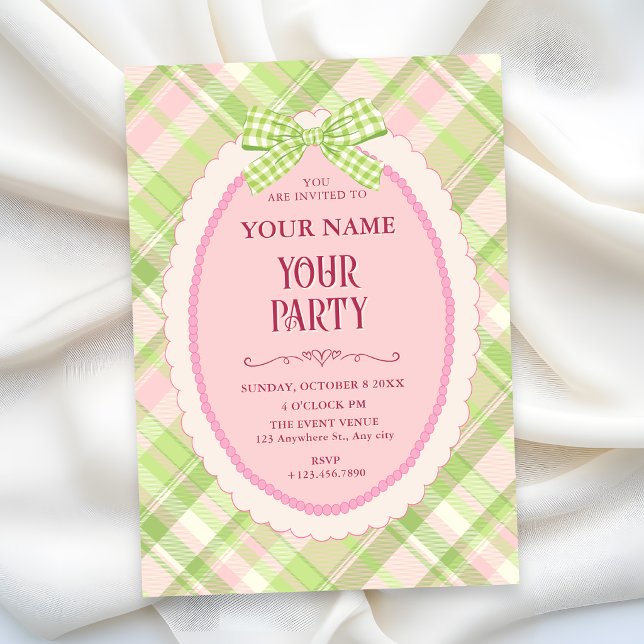 Green adorable gingham bow invitation (Creator Uploaded)