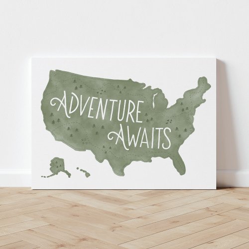 Green Adventure Awaits US Map Kids Room Decor Faux Canvas Print