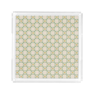 Green Aesthetic Checkered Sunflower Y2K Pattern Acrylic Tray