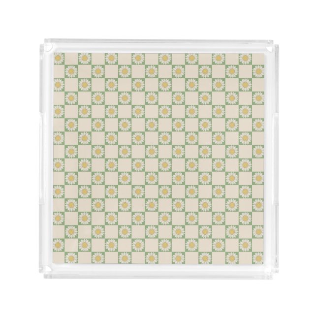 Green Aesthetic Checkered Sunflower Y2K Pattern Acrylic Tray (Front)