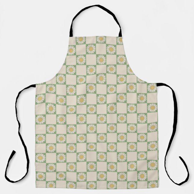 Green Aesthetic Checkered Sunflower Y2K Pattern Apron (Front)