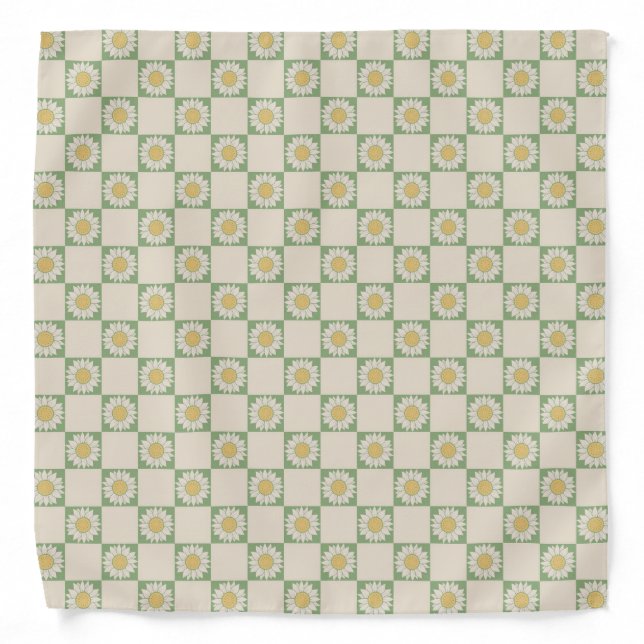 Green Aesthetic Checkered Sunflower Y2K Pattern Bandana (Front)