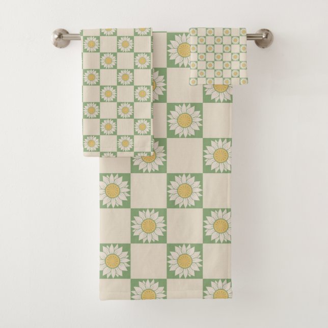 Green Aesthetic Checkered Sunflower Y2K Pattern Bath Towel Set (Insitu)