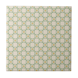 Green Aesthetic Checkered Sunflower Y2K Pattern Ceramic Tile
