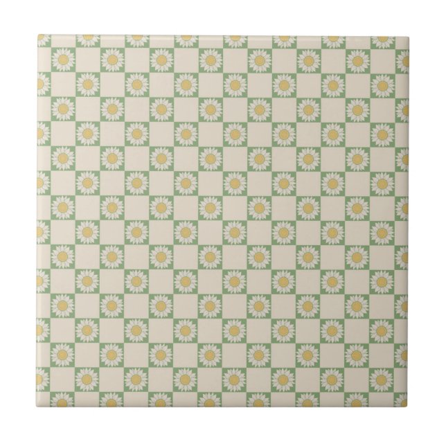 Green Aesthetic Checkered Sunflower Y2K Pattern Ceramic Tile (Front)