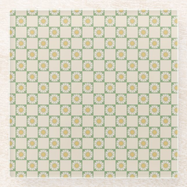 Green Aesthetic Checkered Sunflower Y2K Pattern Glass Coaster (Front)