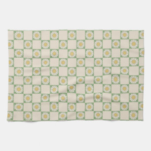 Green Aesthetic Checkered Sunflower Y2K Pattern Kitchen Towel