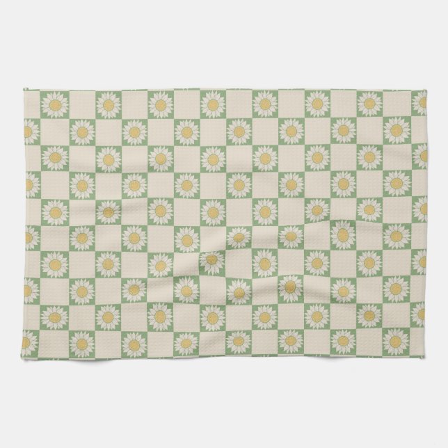 Green Aesthetic Checkered Sunflower Y2K Pattern Kitchen Towel (Horizontal)