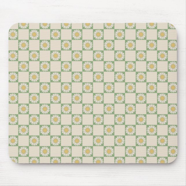 Green Aesthetic Checkered Sunflower Y2K Pattern Mouse Pad (Front)