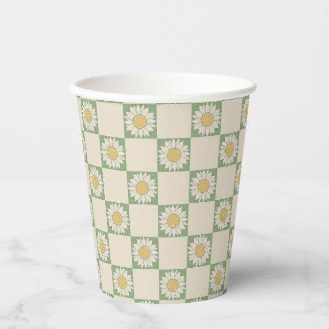 Green Aesthetic Checkered Sunflower Y2K Pattern Paper Cups (Front)