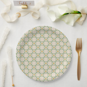 Green Aesthetic Checkered Sunflower Y2K Pattern Paper Plates