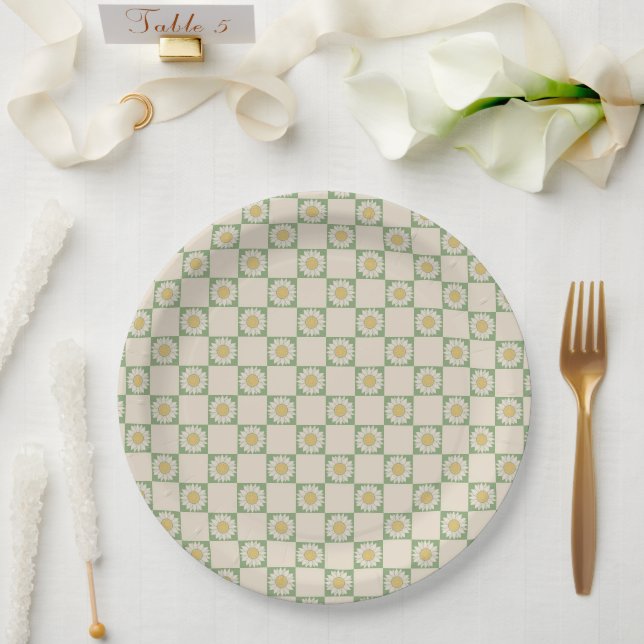 Green Aesthetic Checkered Sunflower Y2K Pattern Paper Plates (Wedding)