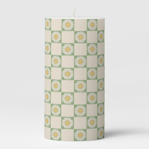 Green Aesthetic Checkered Sunflower Y2K Pattern Pillar Candle