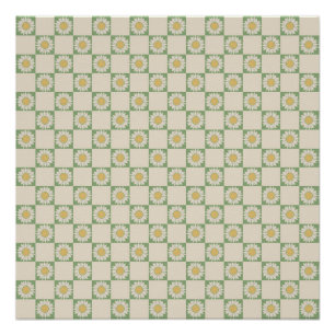 Green Aesthetic Checkered Sunflower Y2K Pattern Poster