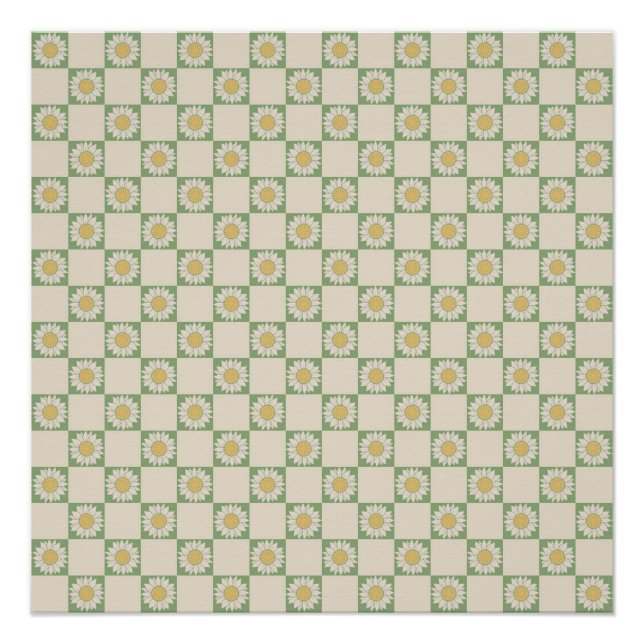 Green Aesthetic Checkered Sunflower Y2K Pattern Poster (Front)