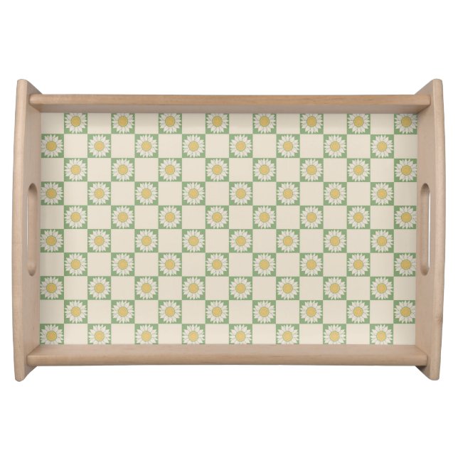 Green Aesthetic Checkered Sunflower Y2K Pattern Serving Tray (Front)