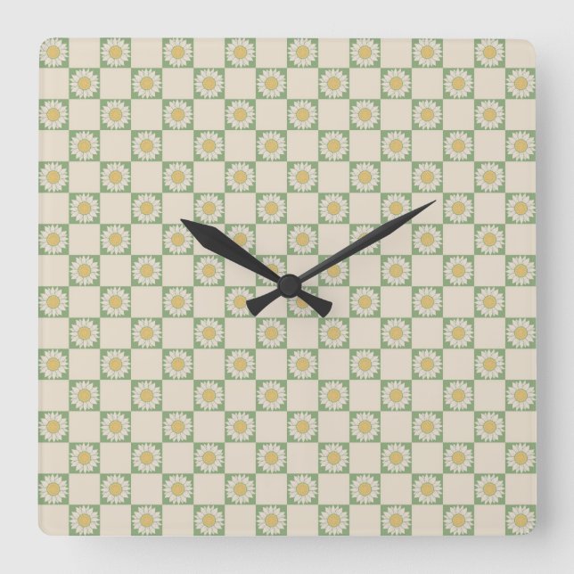 Green Aesthetic Checkered Sunflower Y2K Pattern Square Wall Clock (Front)